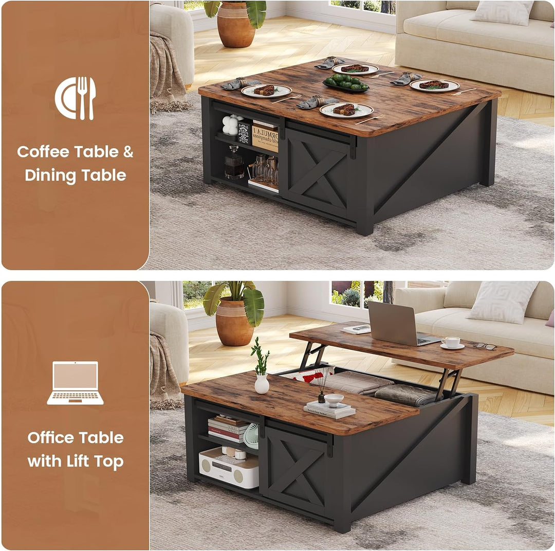 Lift Top Coffee Table with Hidden Storage, Adjustable Shelves, Black