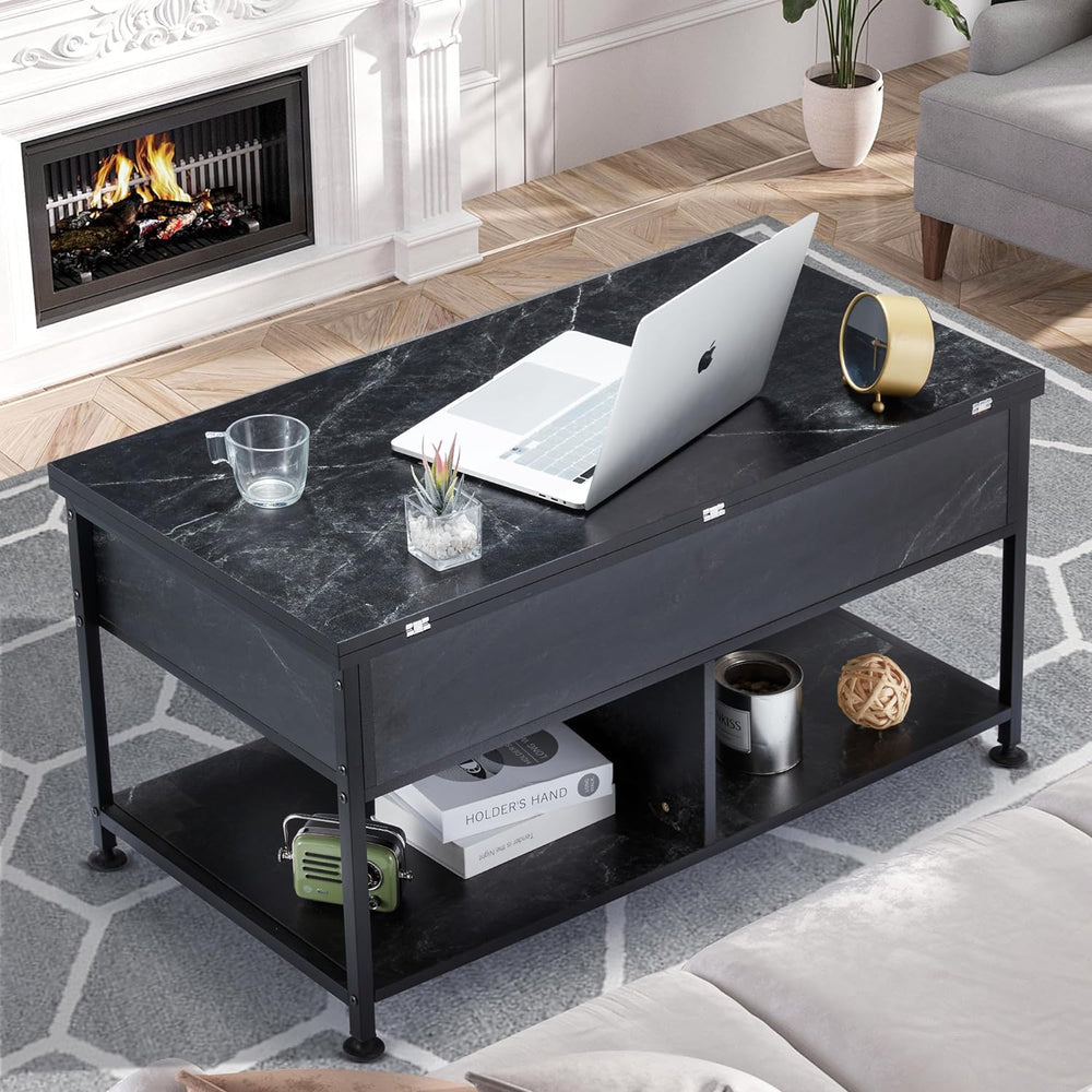 Farmhouse Coffee Table with Storage, Hidden Compartment, Black