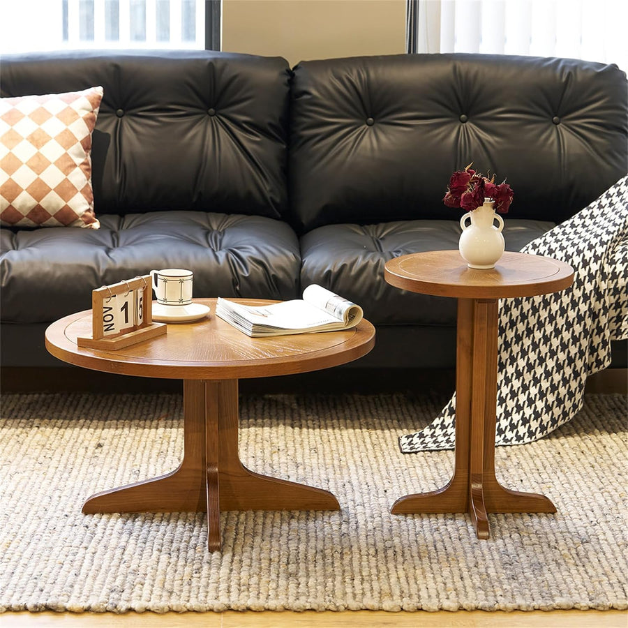 2-Piece Round Brown Coffee Table Set, Solid Wood Nesting Tables