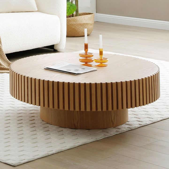 31.49" Round Farmhouse Coffee Table, Circle Drum, Oak, 31.49'' x 13.77''h