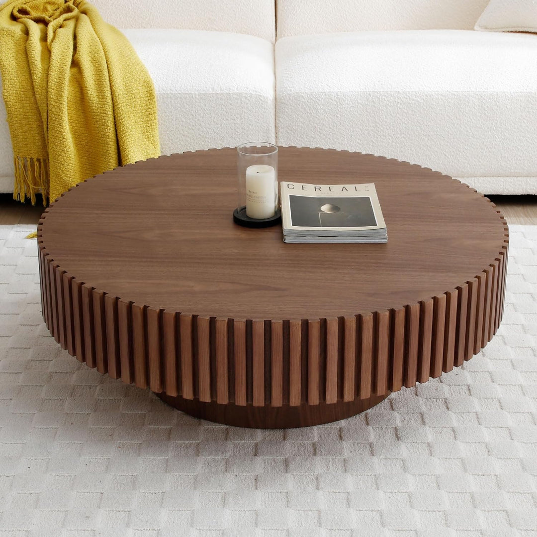 31.49" Round Farmhouse Coffee Table, Circle Drum Wood Table, Walnut