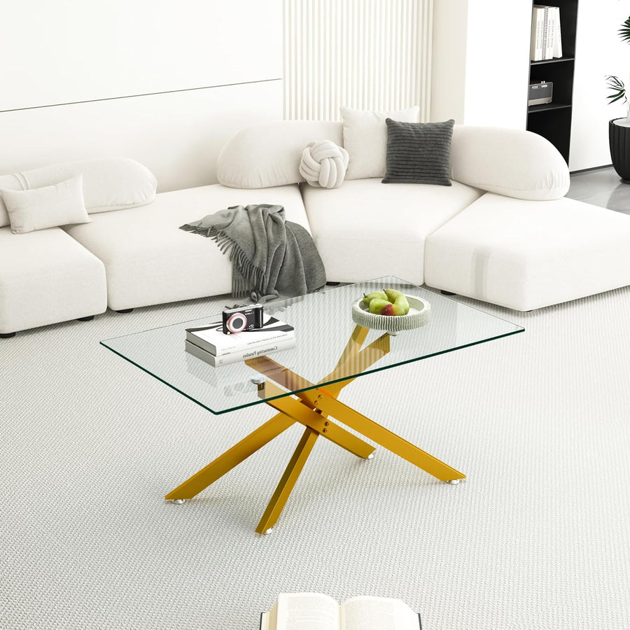 Modern Glass Coffee Table, Clear Tempered Glass, Golden Legs, Gold