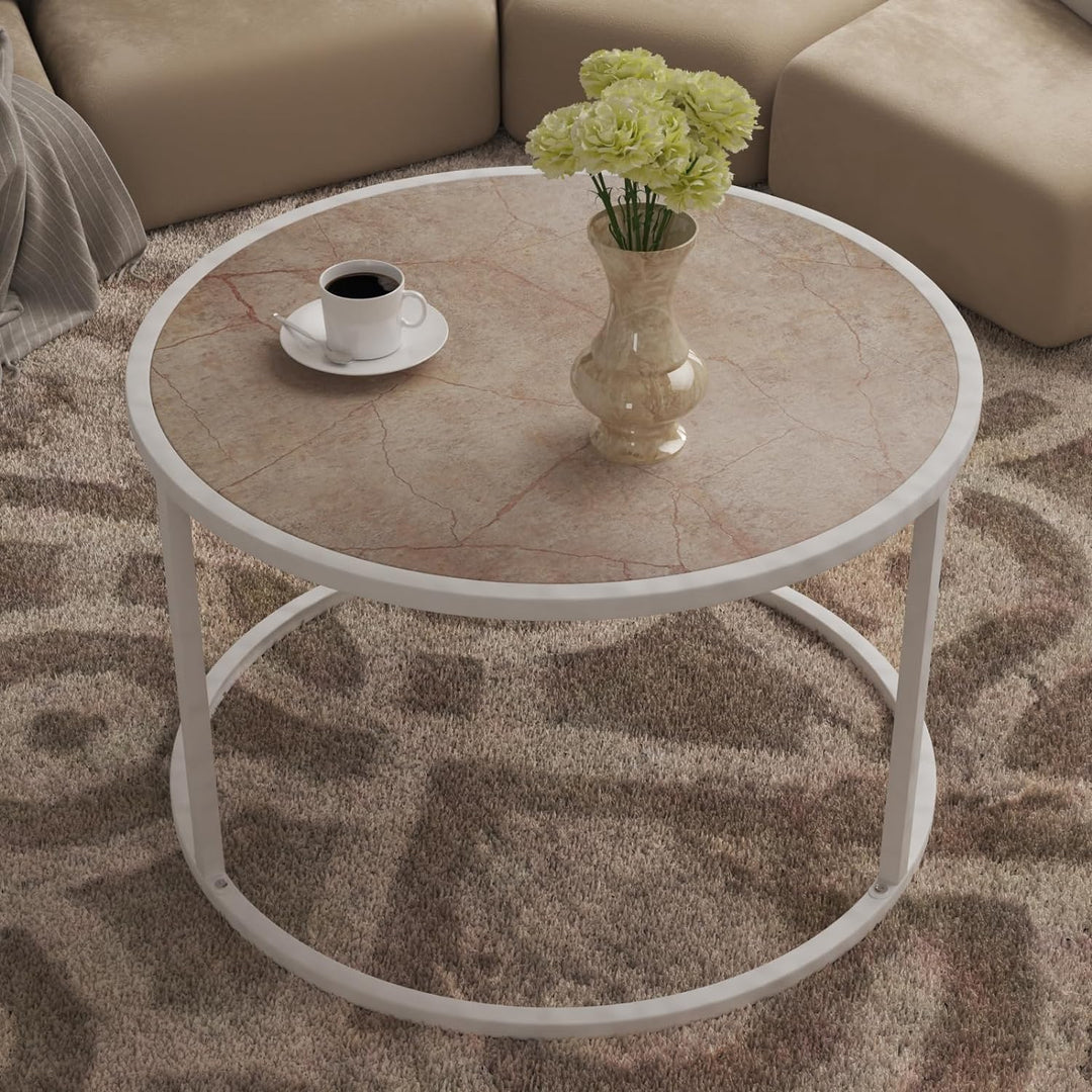 Marble Coffee Table, Small Round Center Table, Boho Style, Cream White