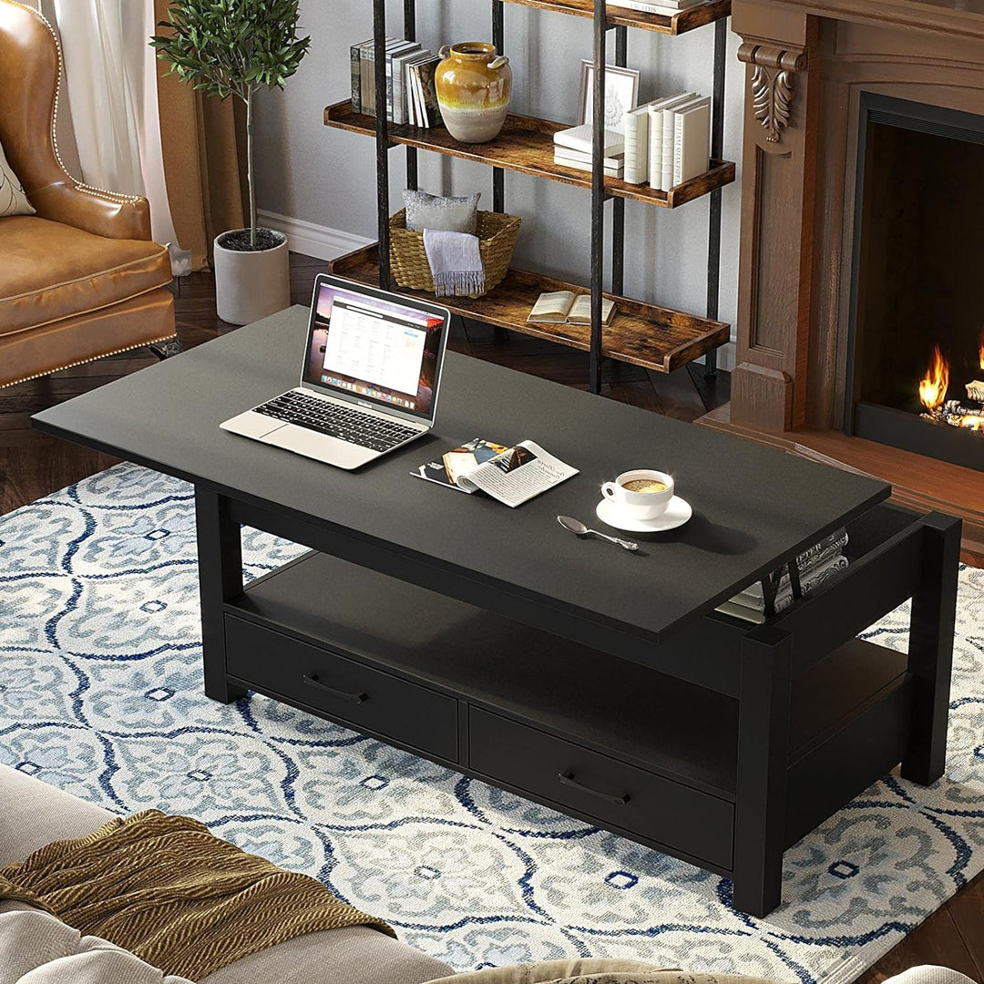 Lift Top Coffee Table with Drawers, Retro Central Table, Black