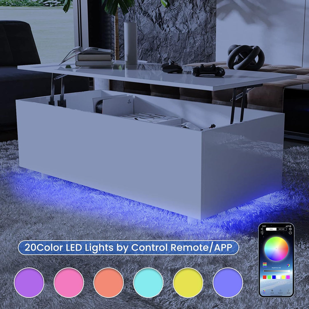 High Gloss Lift Top Coffee Table with LED Lighting, White