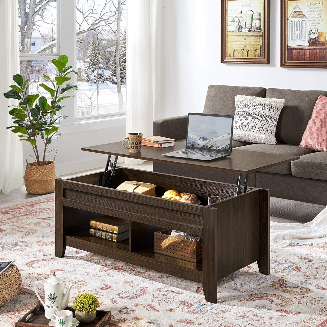 Lift Top Coffee Table with Hidden Storage and Open Shelves, Espresso