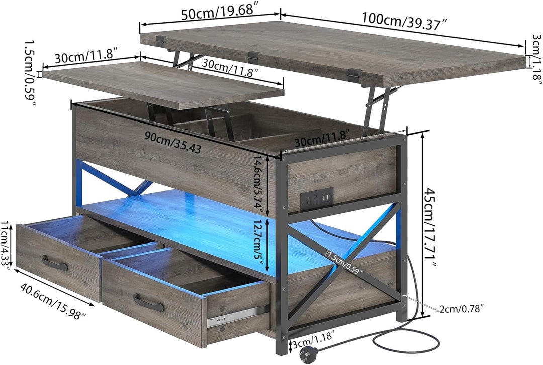 Farmhouse Lift-Top Coffee Table with LED Light, Grey