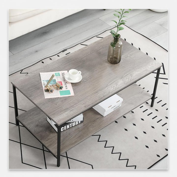 2-Tier Coffee Table with Storage Shelf, Grey Oak 39.3in