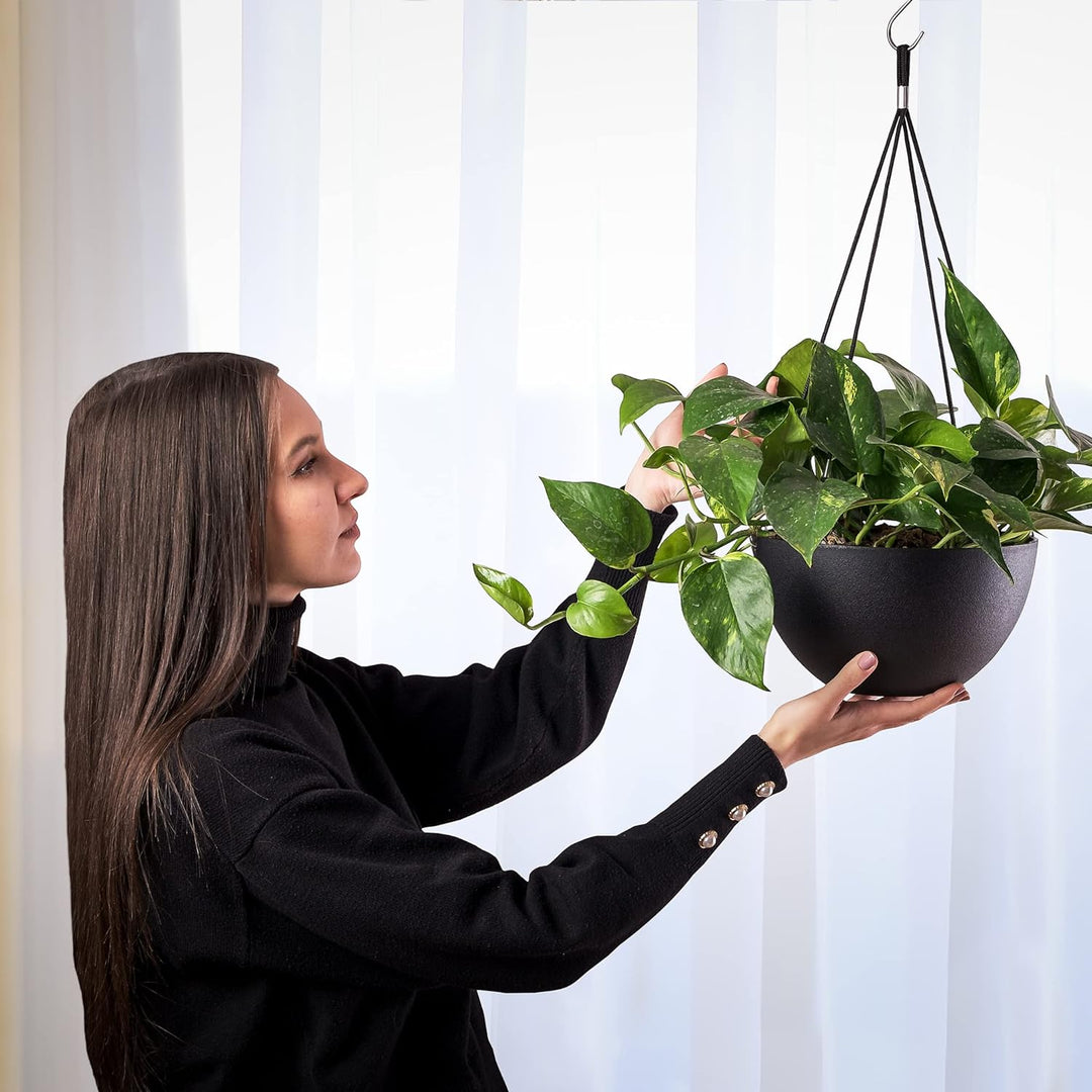 Set of 2 Self Watering Hanging Planters for Indoor Plants (10" Inch Set), Black