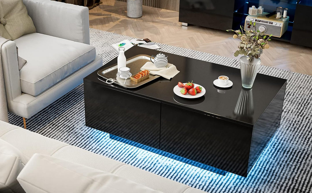 Modern LED Coffee Table with 4 Drawers, Black High Gloss