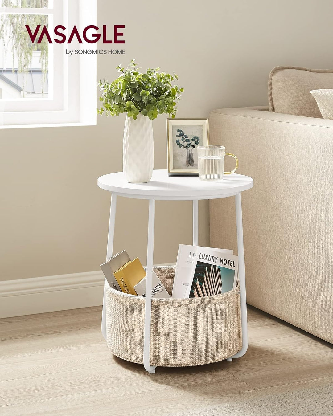 Small Round Side End Table, Classic White Sand