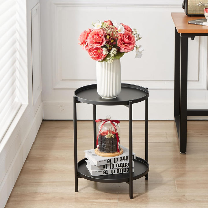 2 Tier Round Metal Side Table, Tiered End Tables