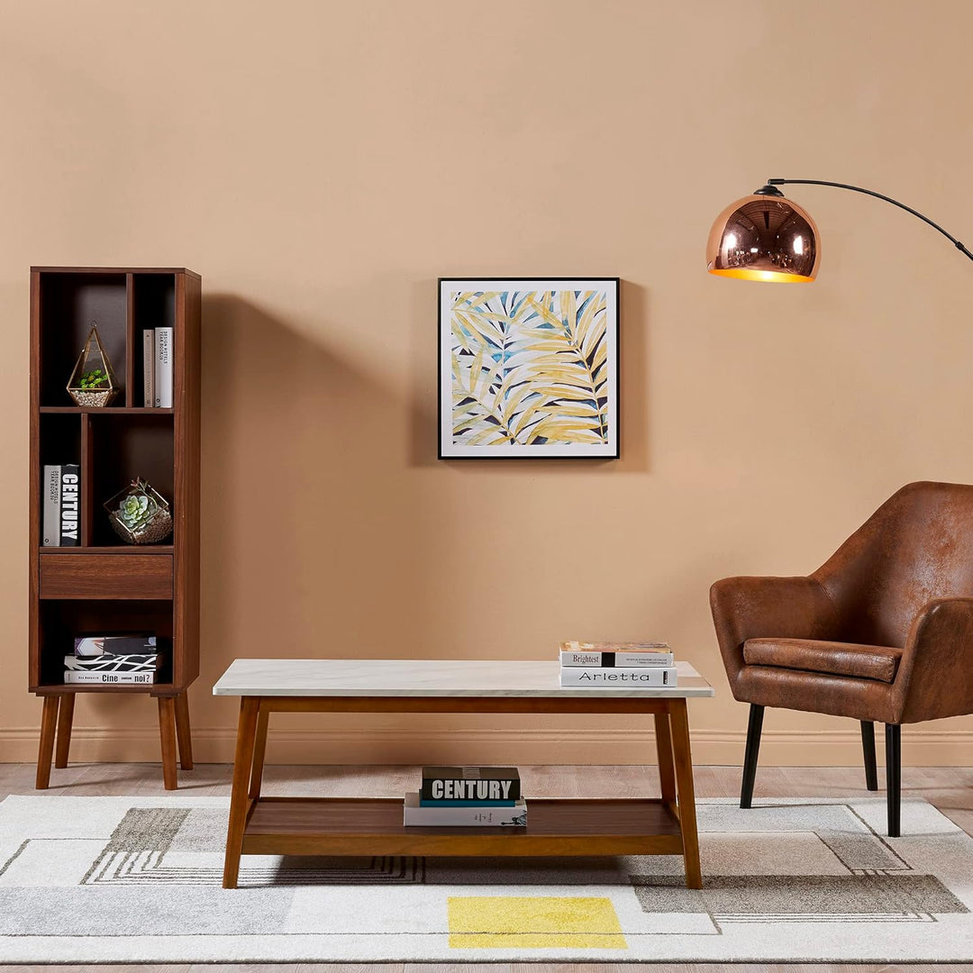 Wooden Coffee Table with Marble-Look Top, Walnut