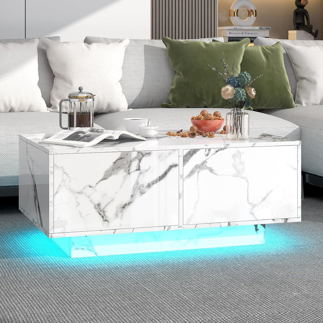 Modern High Gloss Coffee Table with LED Lighting, White Marble