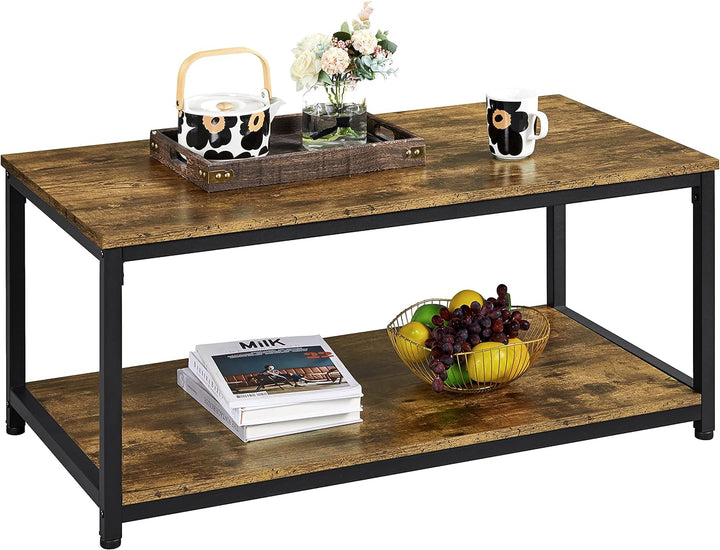 Rustic 2-Tier Industrial Coffee Table with Storage Shelf, Rectangular Side End Table