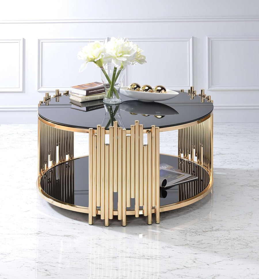 Elegant Farmhouse Coffee Table with Circular Glass Top, Black and Gold