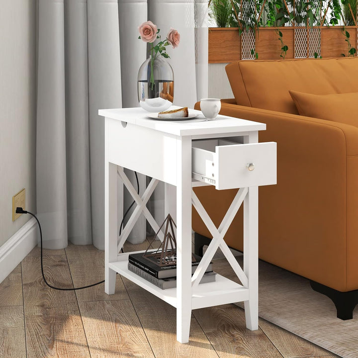 End Table with Charging Station, Narrow White