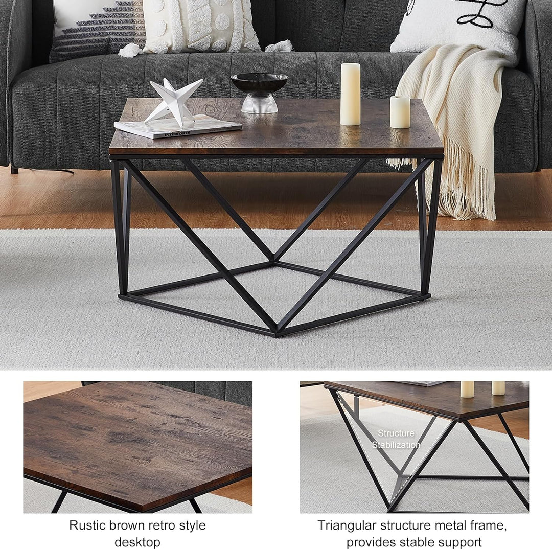 Rustic Square Coffee Table, Modern Industrial Style, Wooden Top, Metal Frame, Rustic Brown