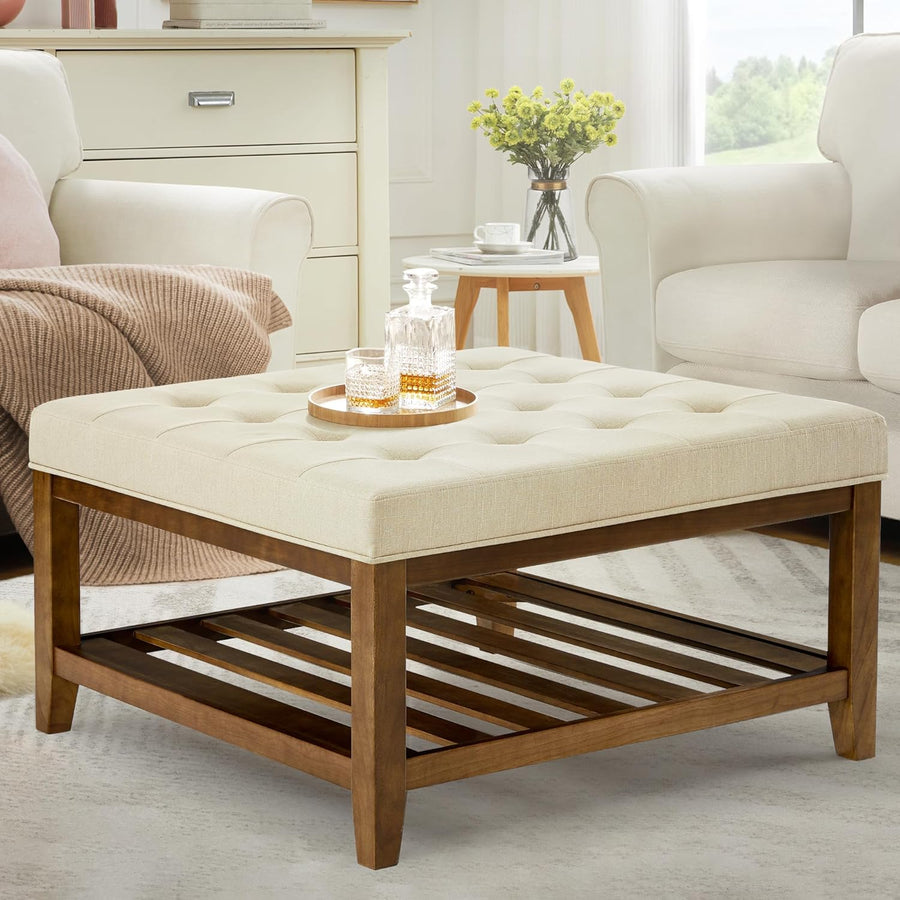 Elegant Square Ottoman Coffee Table, Ivory