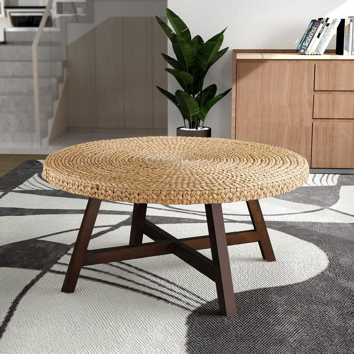 Coffee Table Round, Seagrass Coffee Tables, Pine Wood X Base Frame, Natural