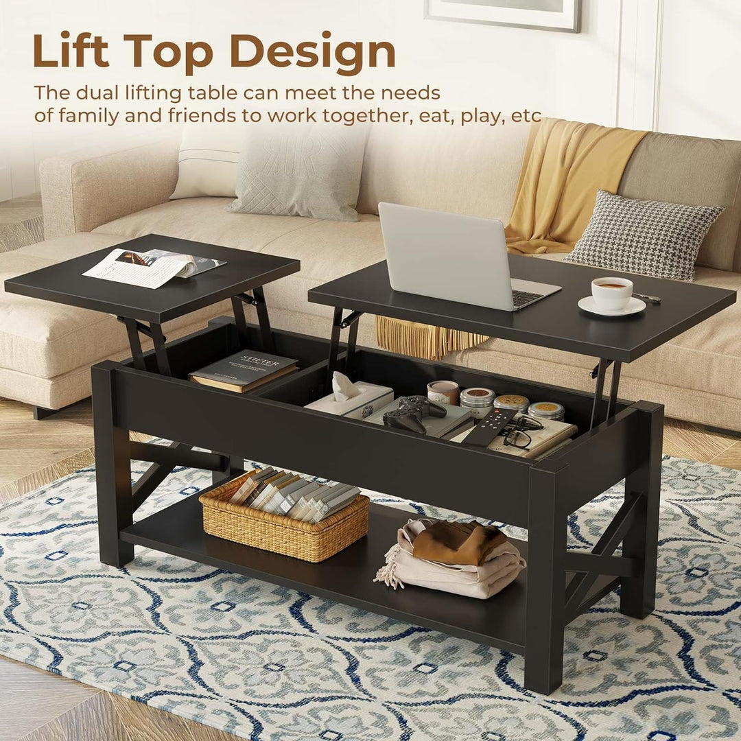 Farmhouse Coffee Table with Lift Top, Hidden Compartment & Shelf, Black