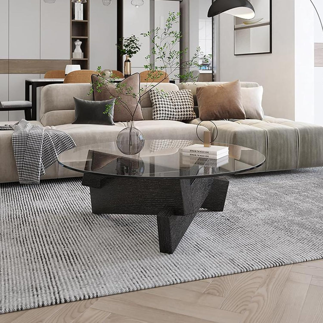 Stylish Round Glass Coffee Table, Solid Wood Legs, Black Gray