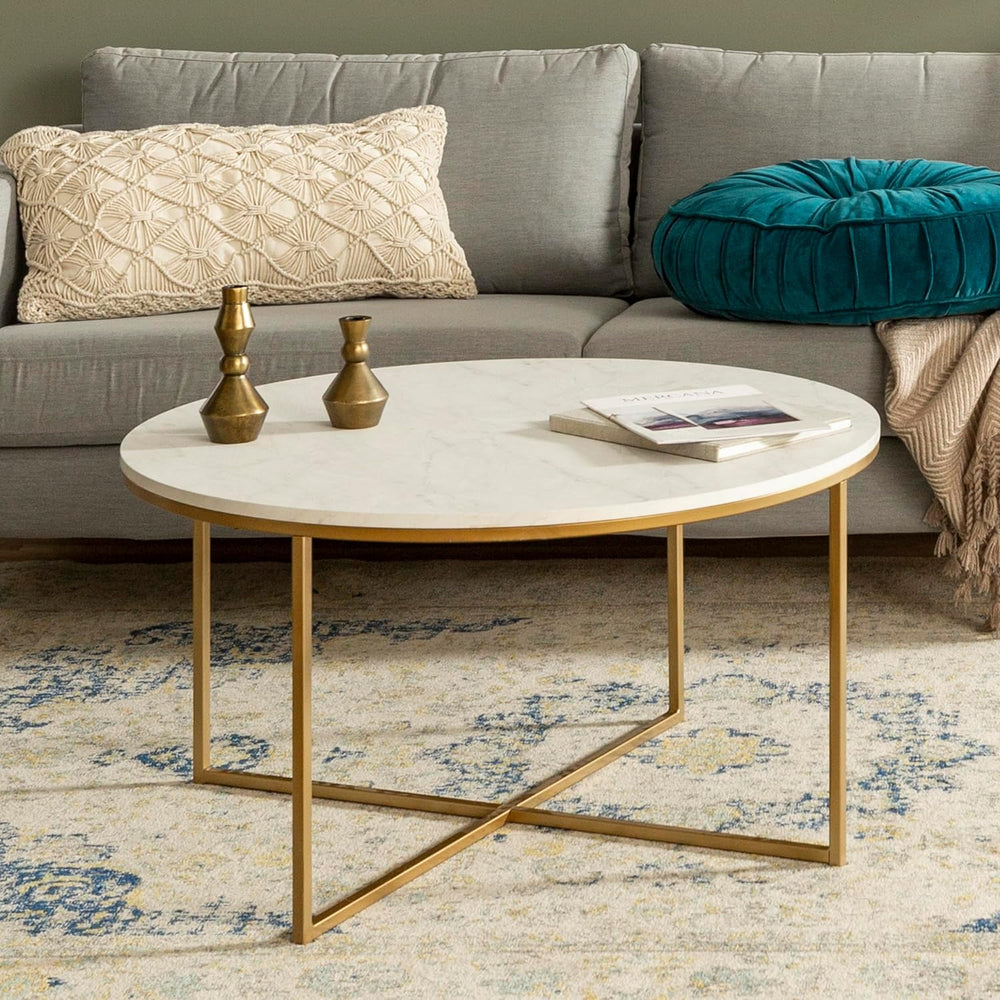 Modern Glam Round Accent Coffee Table, Faux White Marble, Gold