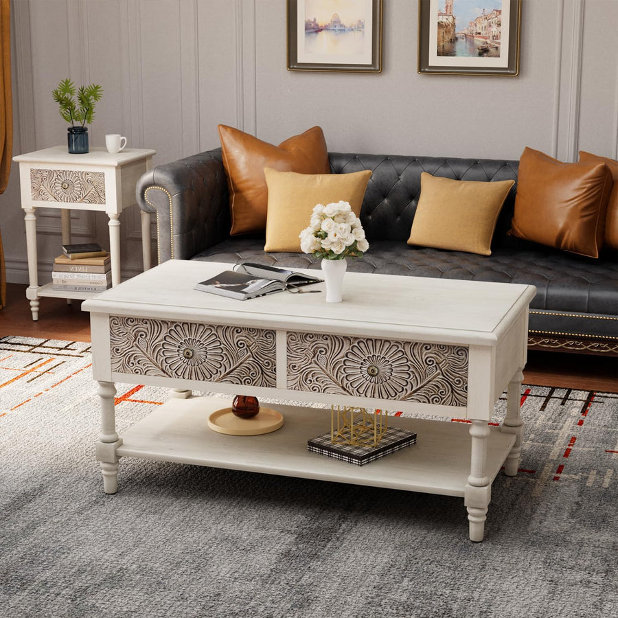 Farmhouse Wood Coffee Table with Floral Pattern, Vintage Center Table