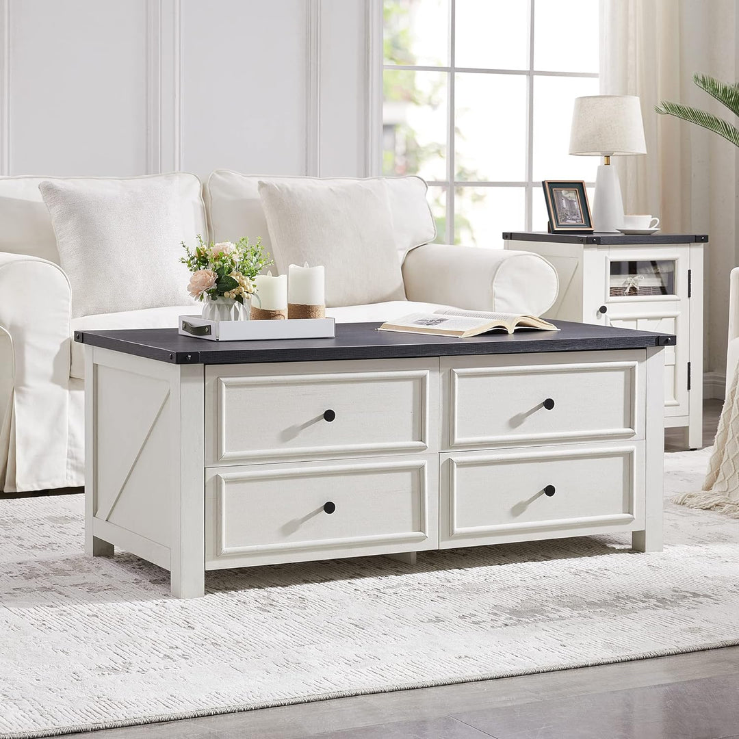 Farmhouse Coffee Table with Storage Drawers, Modern Center Table, White