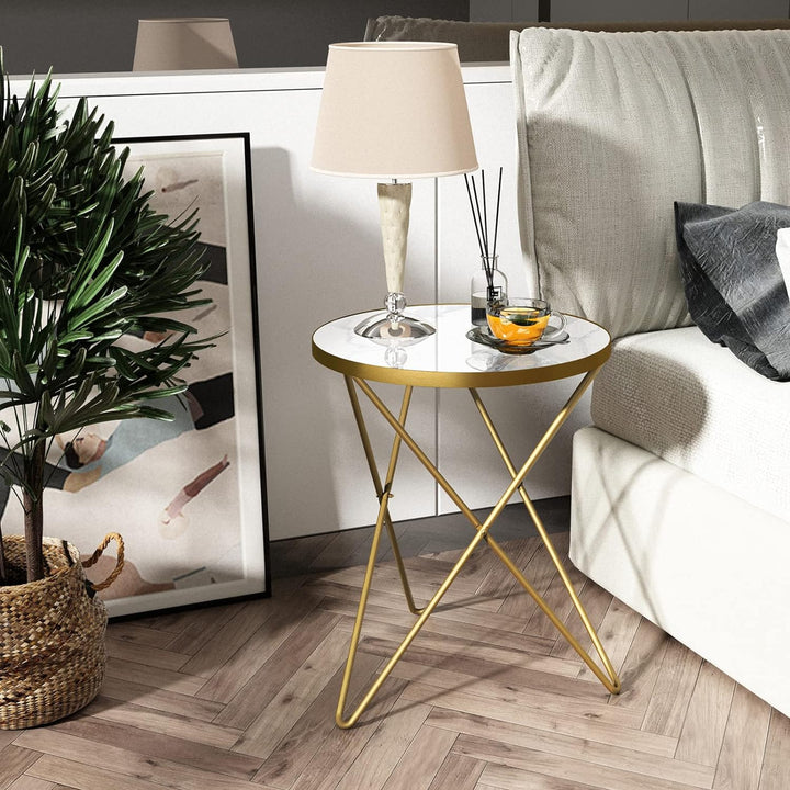 Modern Round Side Table, White Marble&gold Top, Gold