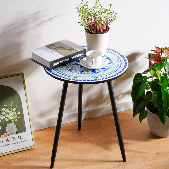 Round Accent End Table, 16" Ceramic Tile Top, Metal