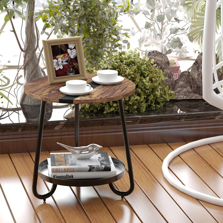 Versatile Industrial-Style Round End Table with Metal Tray, Rustic Brown