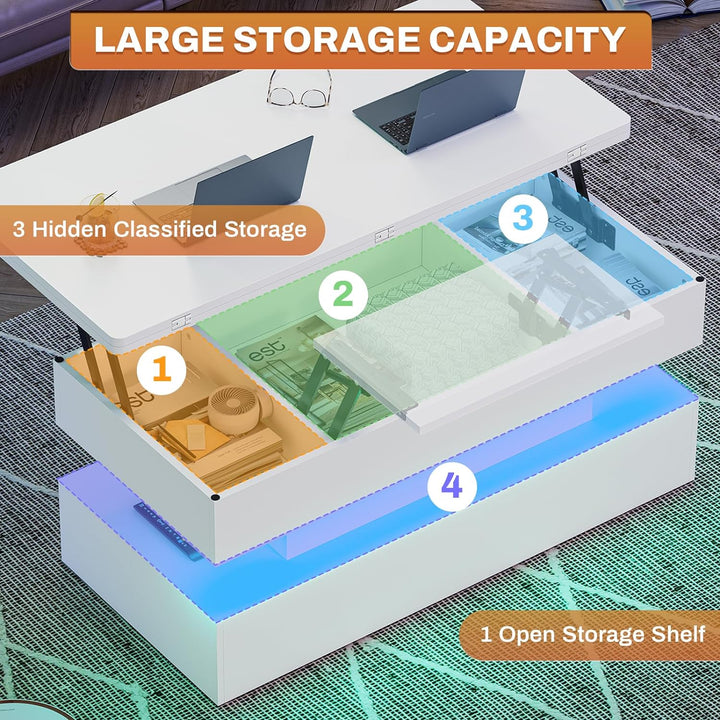 Lift Top Coffee Table with Storage and LED Light, White