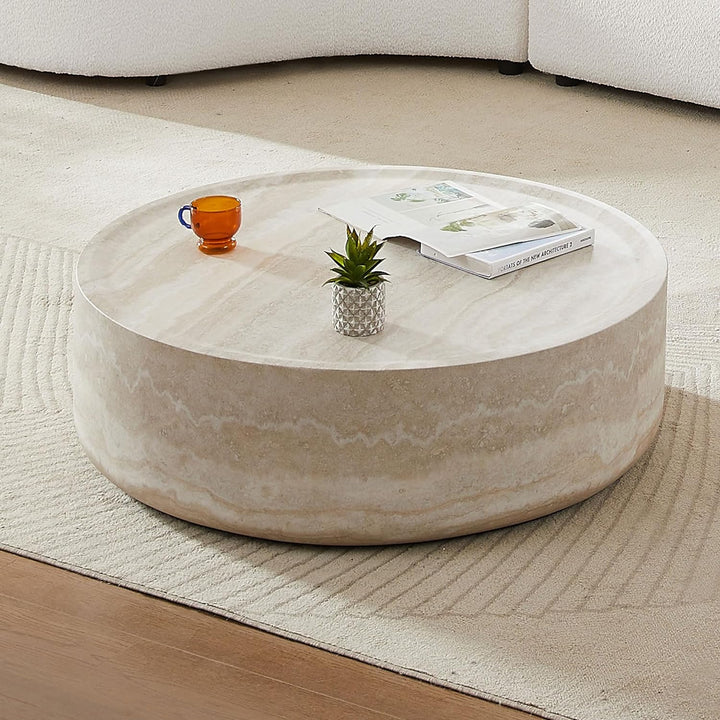 Round Coffee Table for Living Room, Modern Drum Center Table, 35.43"-Wash White