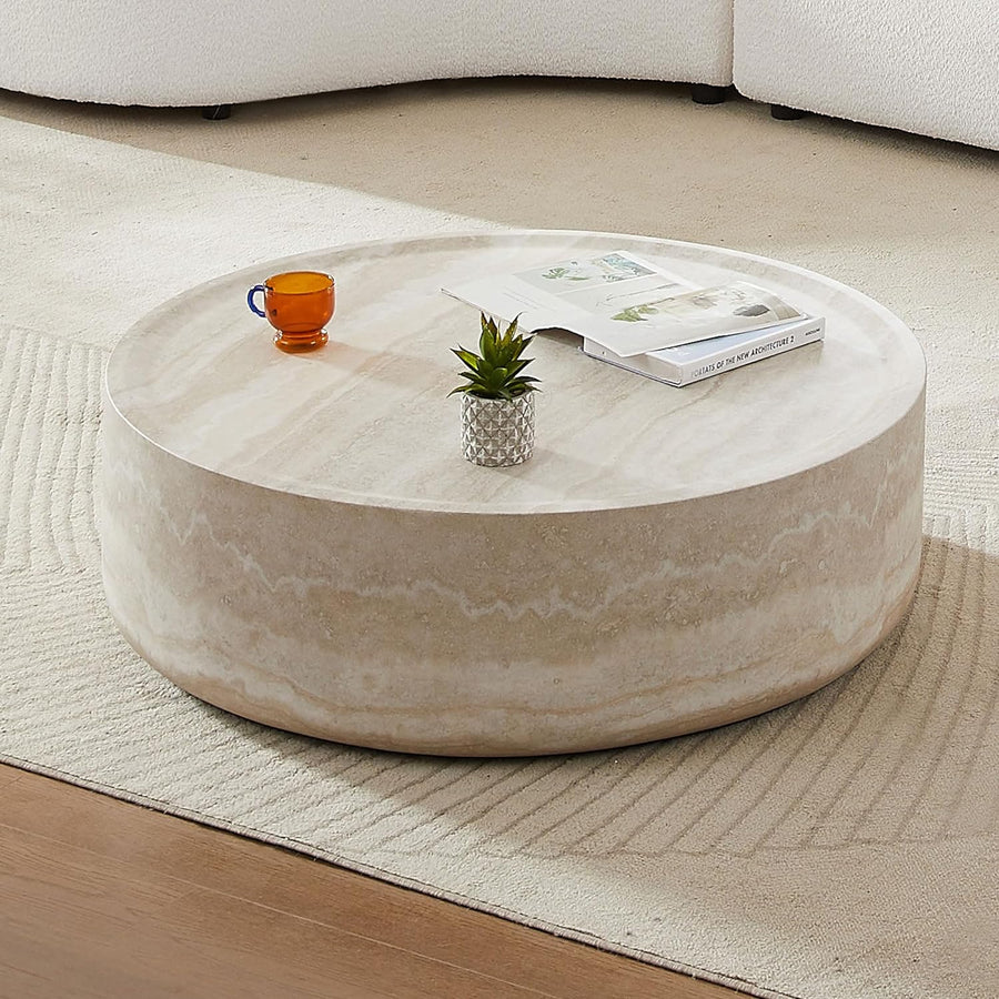 Round Coffee Table for Living Room, Modern Drum Center Table, 35.43"-Wash White