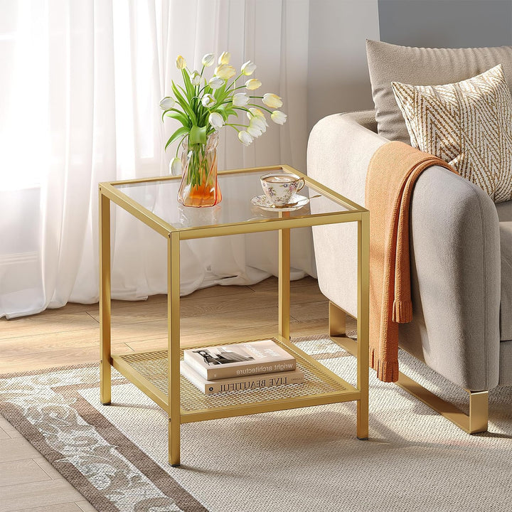 Elegant 2-Tier Glass Side Table with Gold Frame