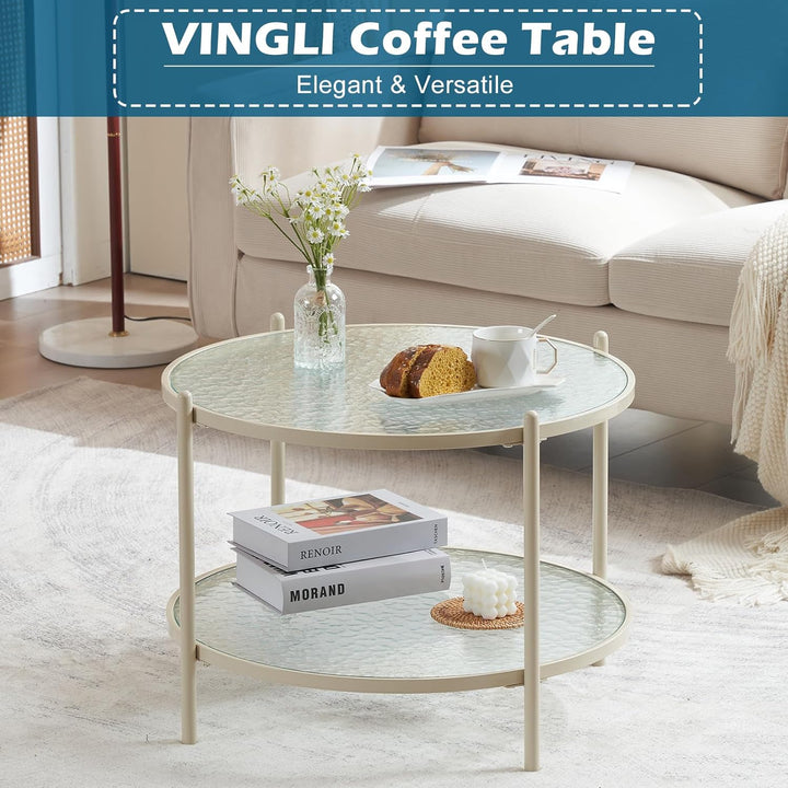 Cream White Round Coffee Table with Water-Wave Glass Circle