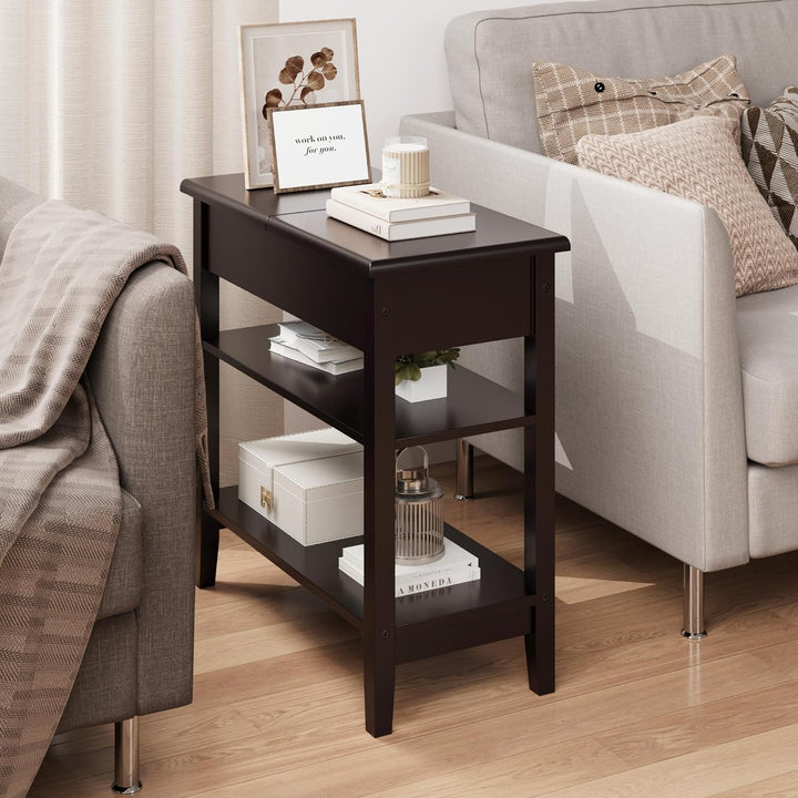 End Table, 3-Tier Flip Top Side Table, Narrow Nightstand