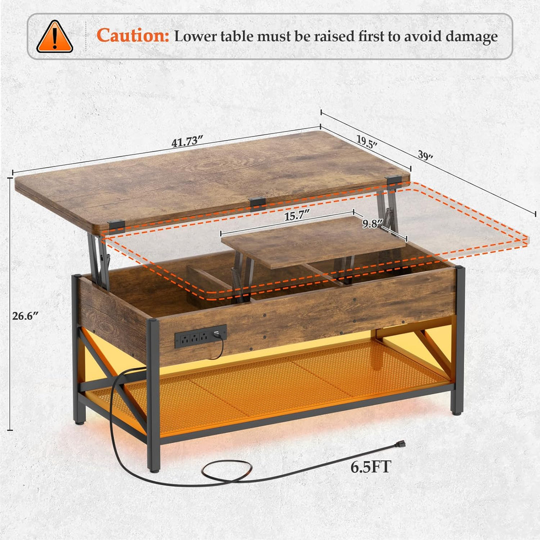 Multifunctional Coffee Table with Lift Top, LED Light, Power Outlet, Rustic Brown