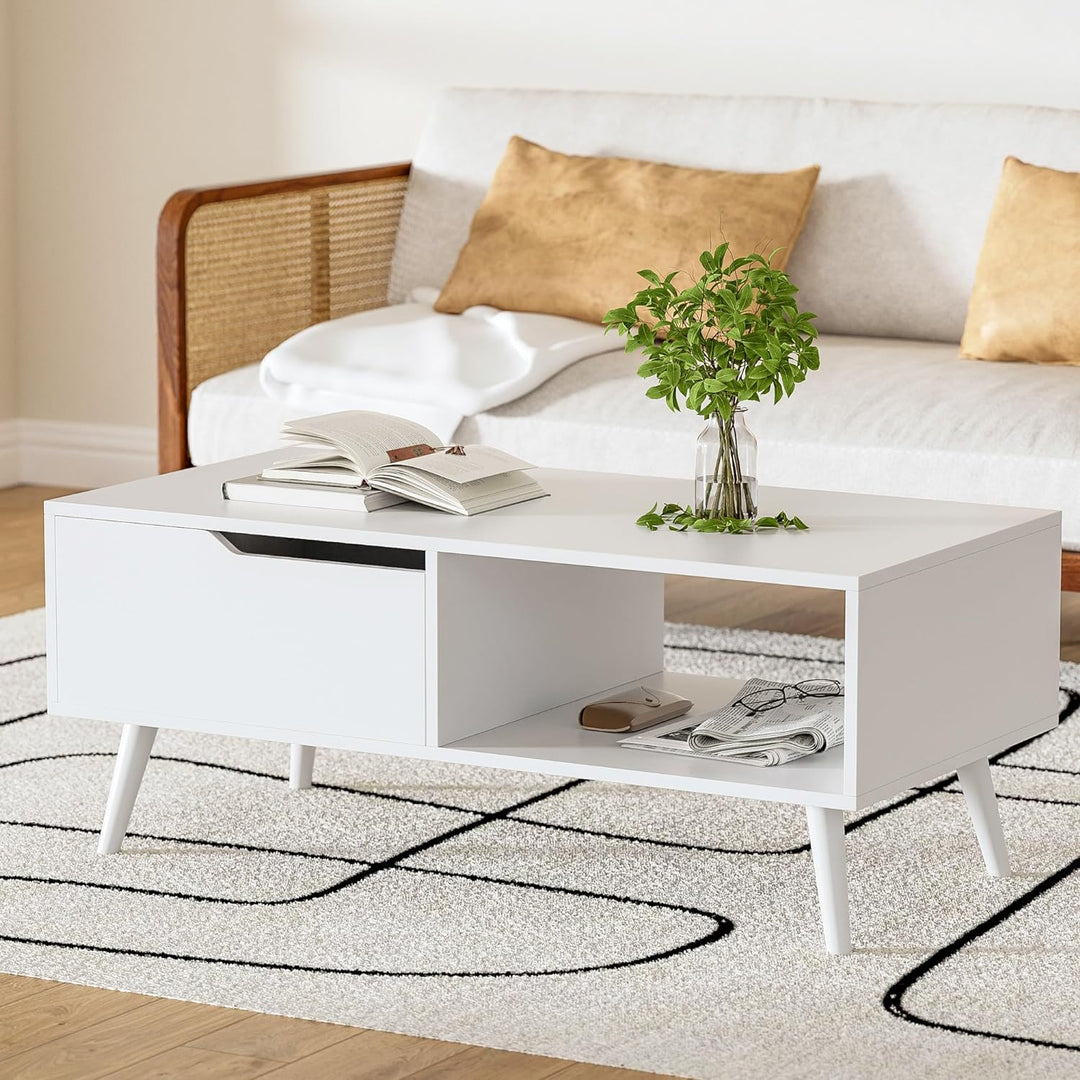 Mid-Century Modern Coffee Table with Drawer and Shelf, White