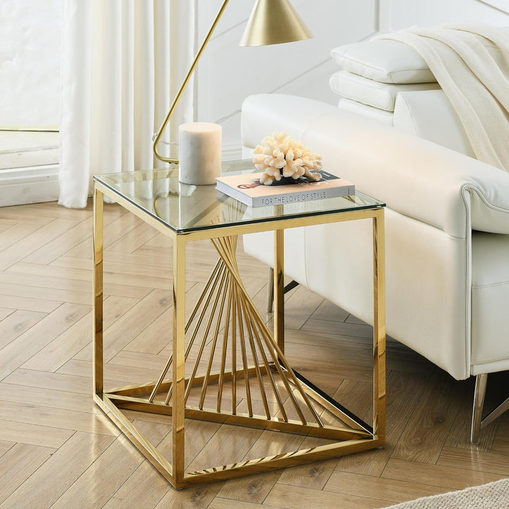 20 Inch Modern Glass Coffee Table with Metal Frame, Accent Furniture (Gold)