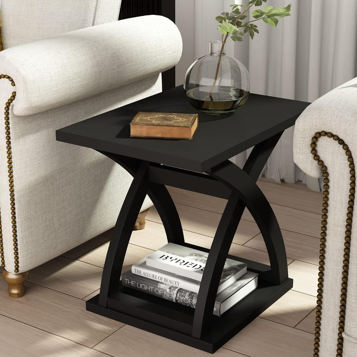 End Table, Modern Side Table with Storage Black