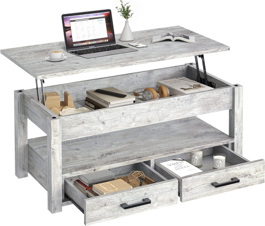 Lift Top Coffee Table with Hidden Compartment, Storage Drawers, Gray