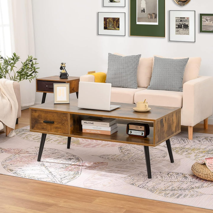 Rustic Mid-Century Coffee Table with Drawer and Shelf, Rustic Brown