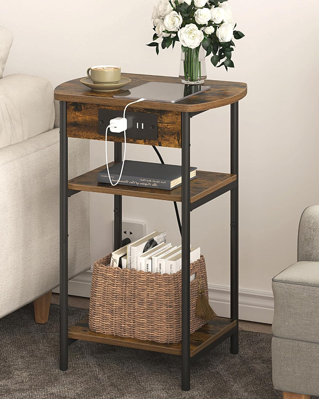 3 Tier Storage Bed Side Table, Rustic Brown Black