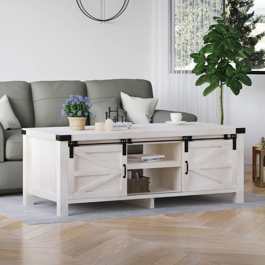 Farmhouse Coffee Table with Hidden Storage, Sliding Barn Doors, Wash White