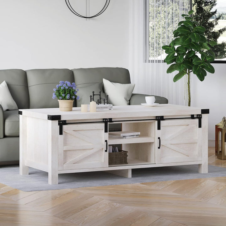 Farmhouse Coffee Table with Hidden Storage, Sliding Barn Doors, Wash White