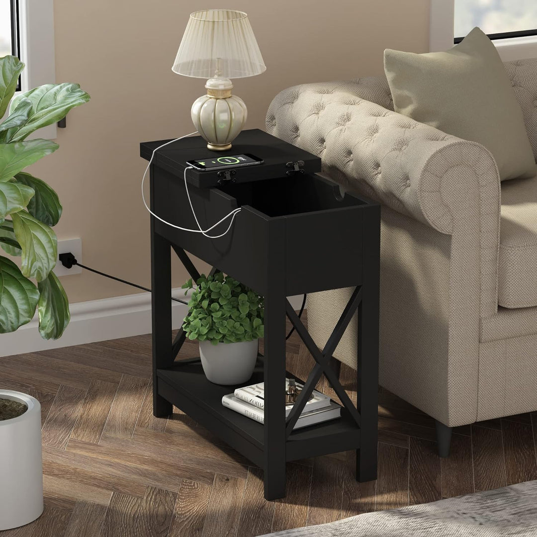 End Table with Charging Station - Narrow Flip Top Side for Small Spaces