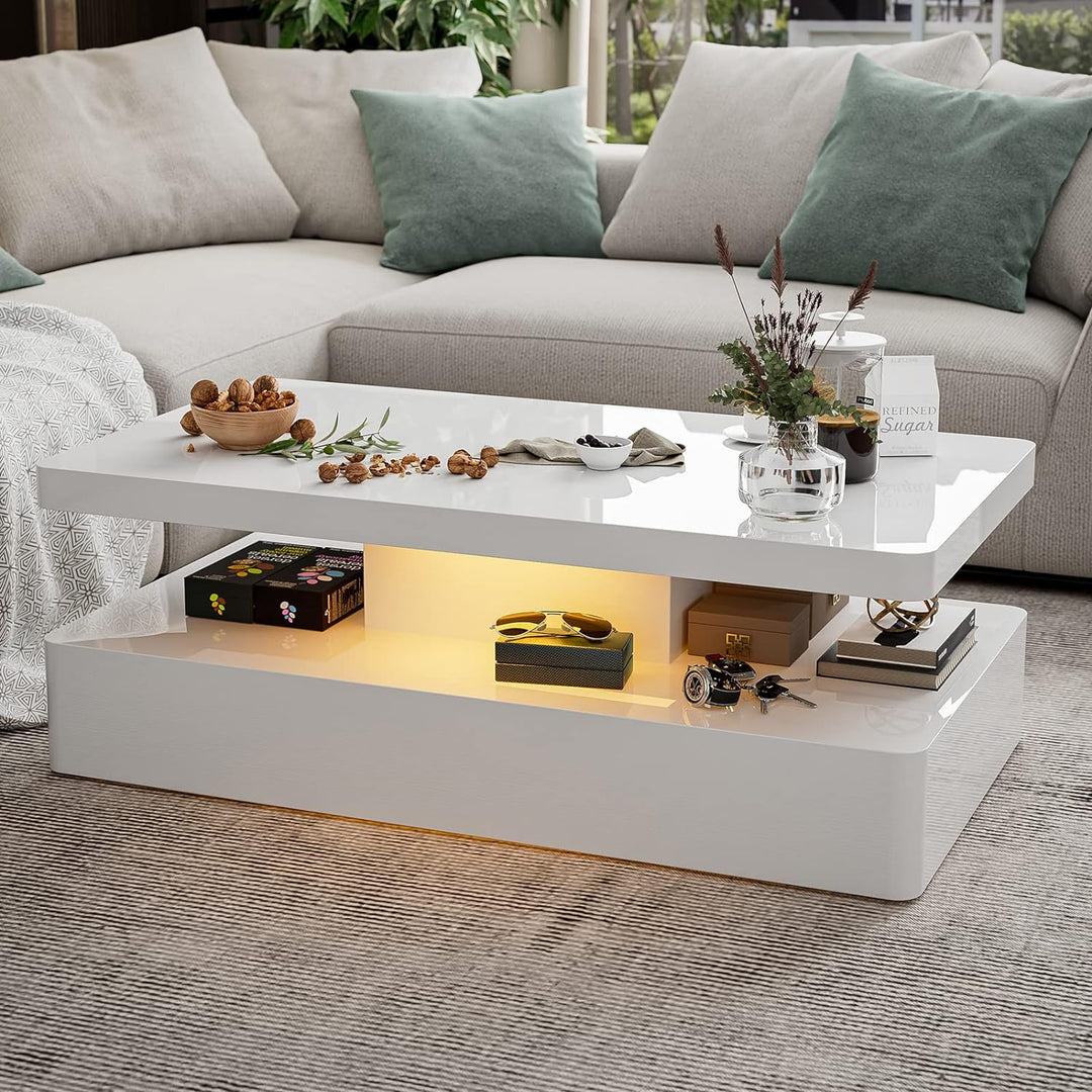 Modern High Glossy White Coffee Table with LED Lights, Contemporary