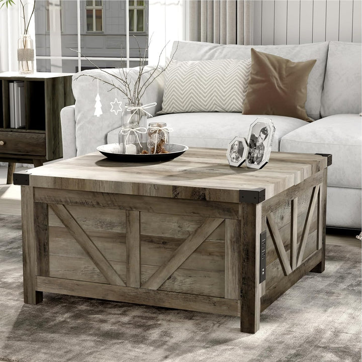 Farmhouse Lift Top Coffee Table with Storage, Wood Square Center Table with Charging Station and USB Ports, Grey